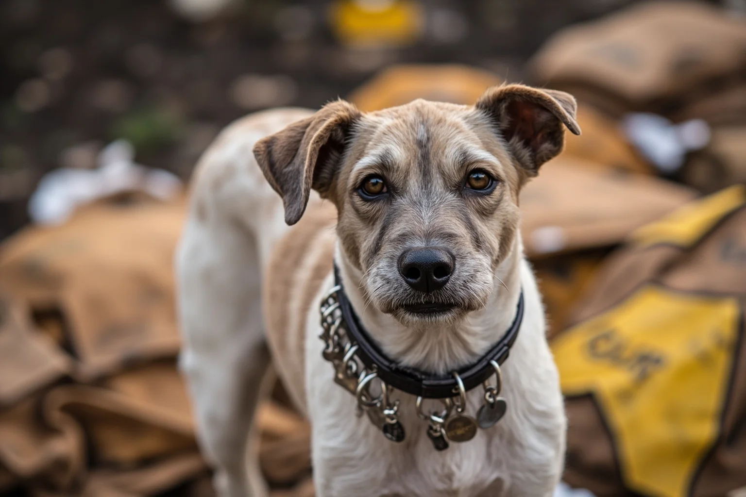 Most Famous Dogs in History: 22 Iconic Canines Who Made Their Mark 8 A scrappy terrier mix wearing a collar full of small metal travel tags, standing near mail sacks