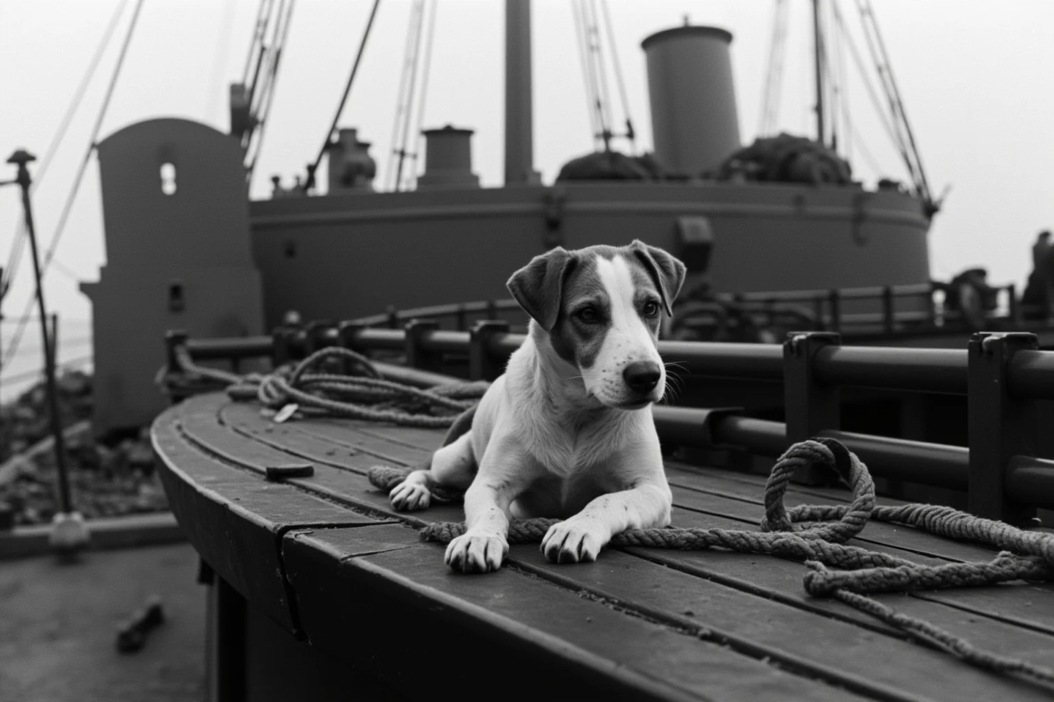 Most Famous Dogs in History: 22 Iconic Canines Who Made Their Mark 17 A scruffy pointer-mix dog resting on the deck of an old military ship during wartime