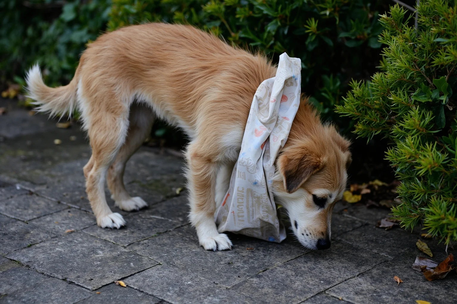 Most Famous Dogs in History: 22 Iconic Canines Who Made Their Mark 21 A scruffy small dog sniffing near a garden hedge beside a wrapped newspaper package