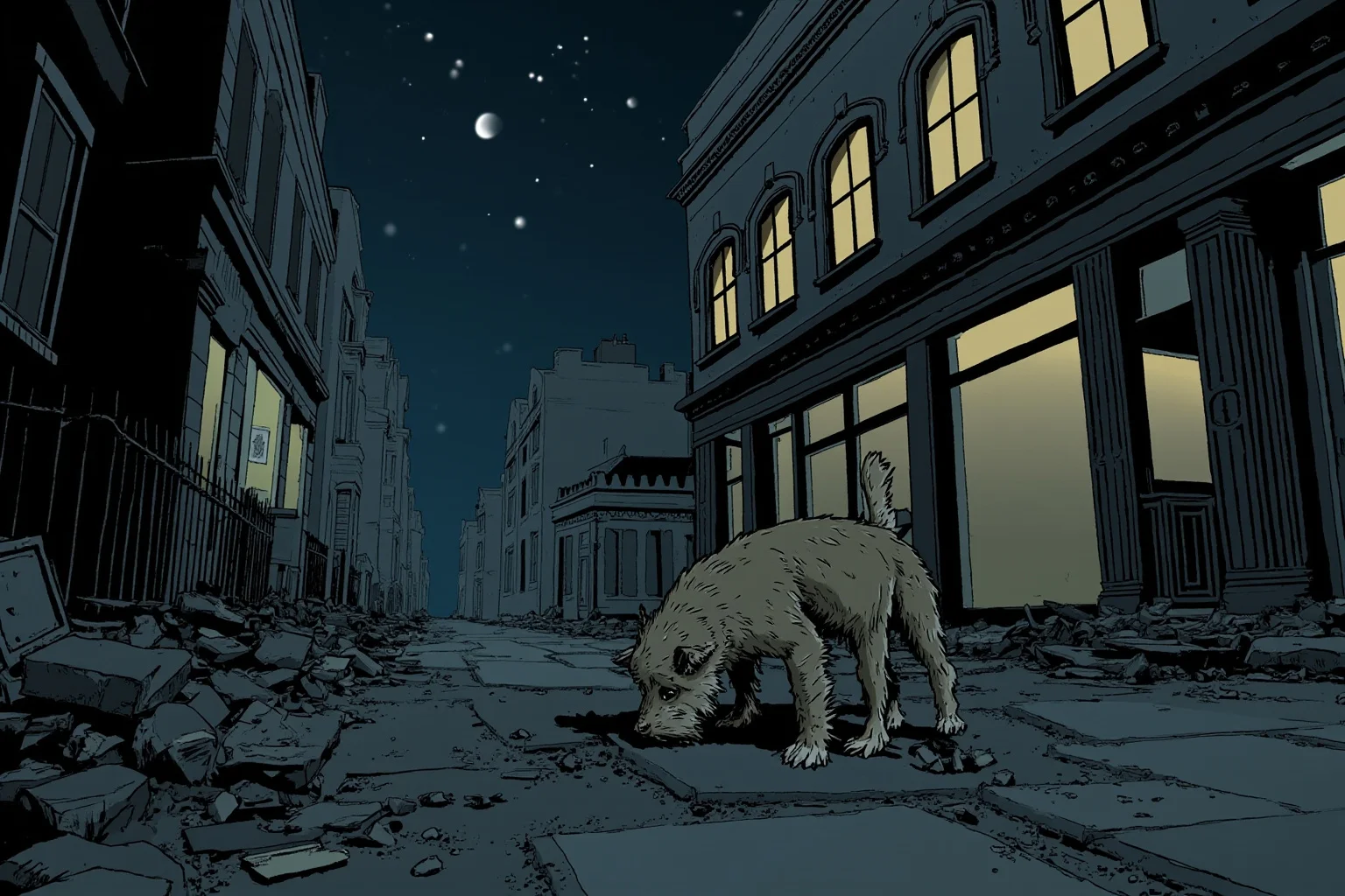 22 Animal Heroes Who Changed Human History 8 A scruffy terrier dog sniffing through rubble of a bombed London street at night, illustrative style