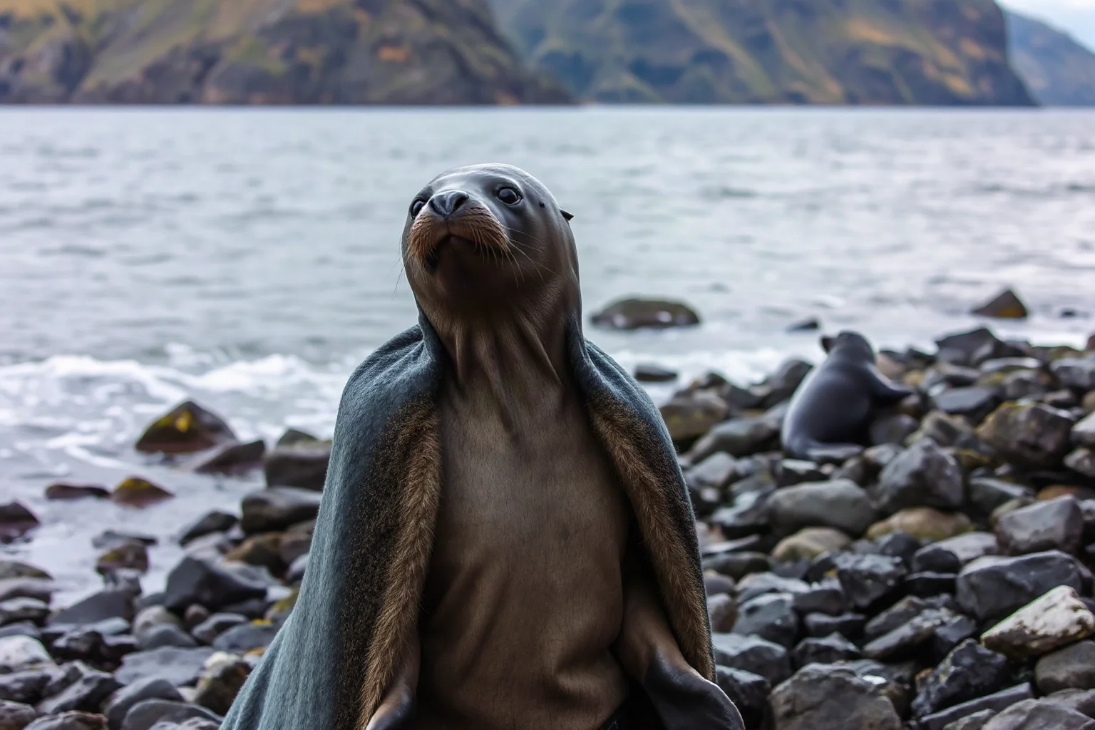 A seal-like woman shedding a sealskin cloak on a rocky Scottish shoreline