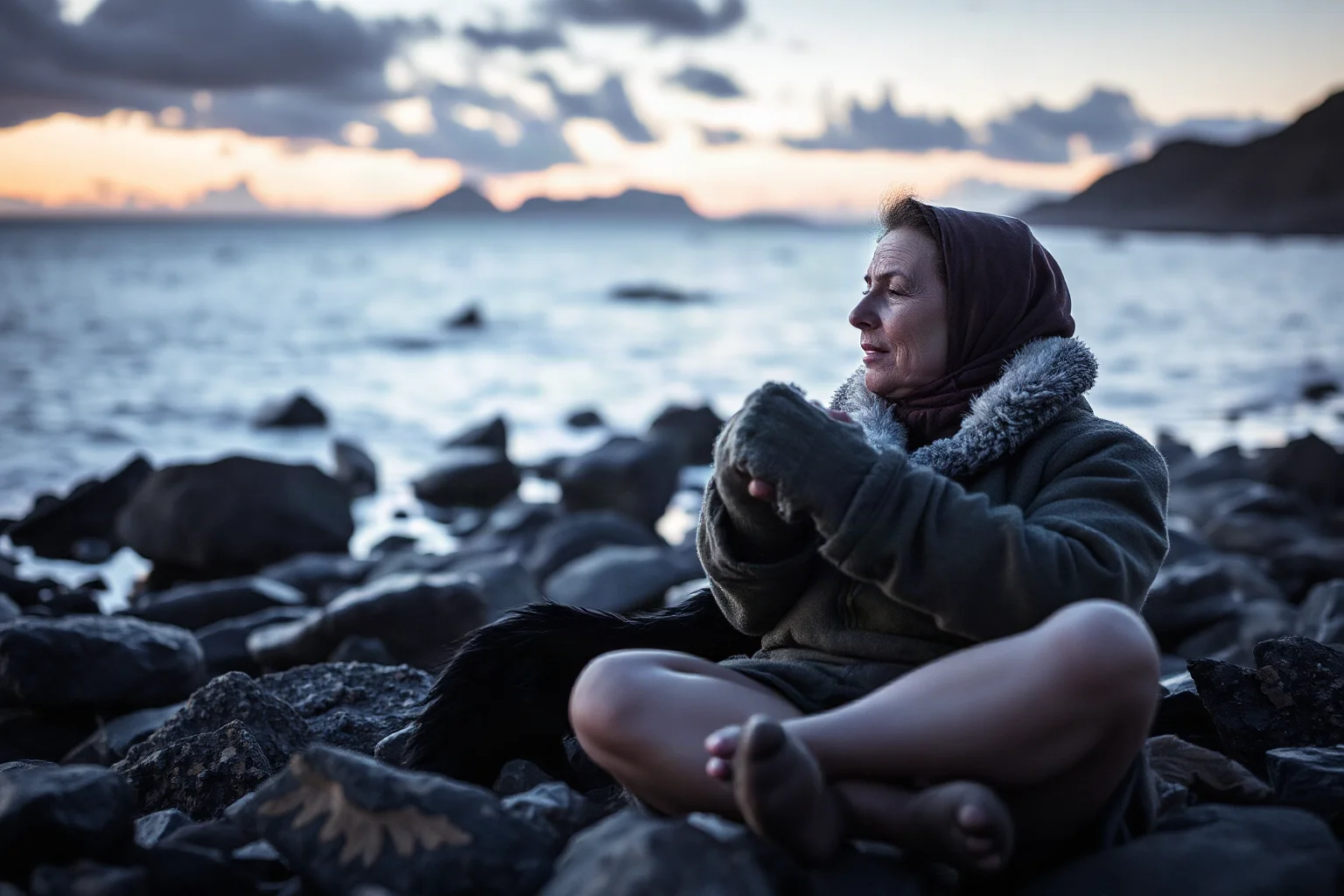 A seal-like woman shedding her sealskin on a rocky northern shoreline at twilight