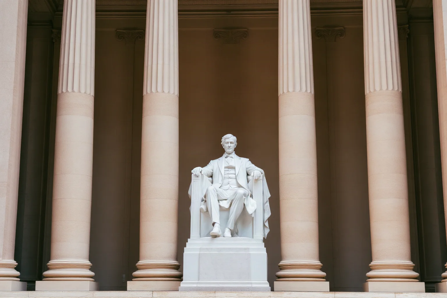 A seated marble statue of a dignified 19th-century statesman inside a grand columned memorial hall