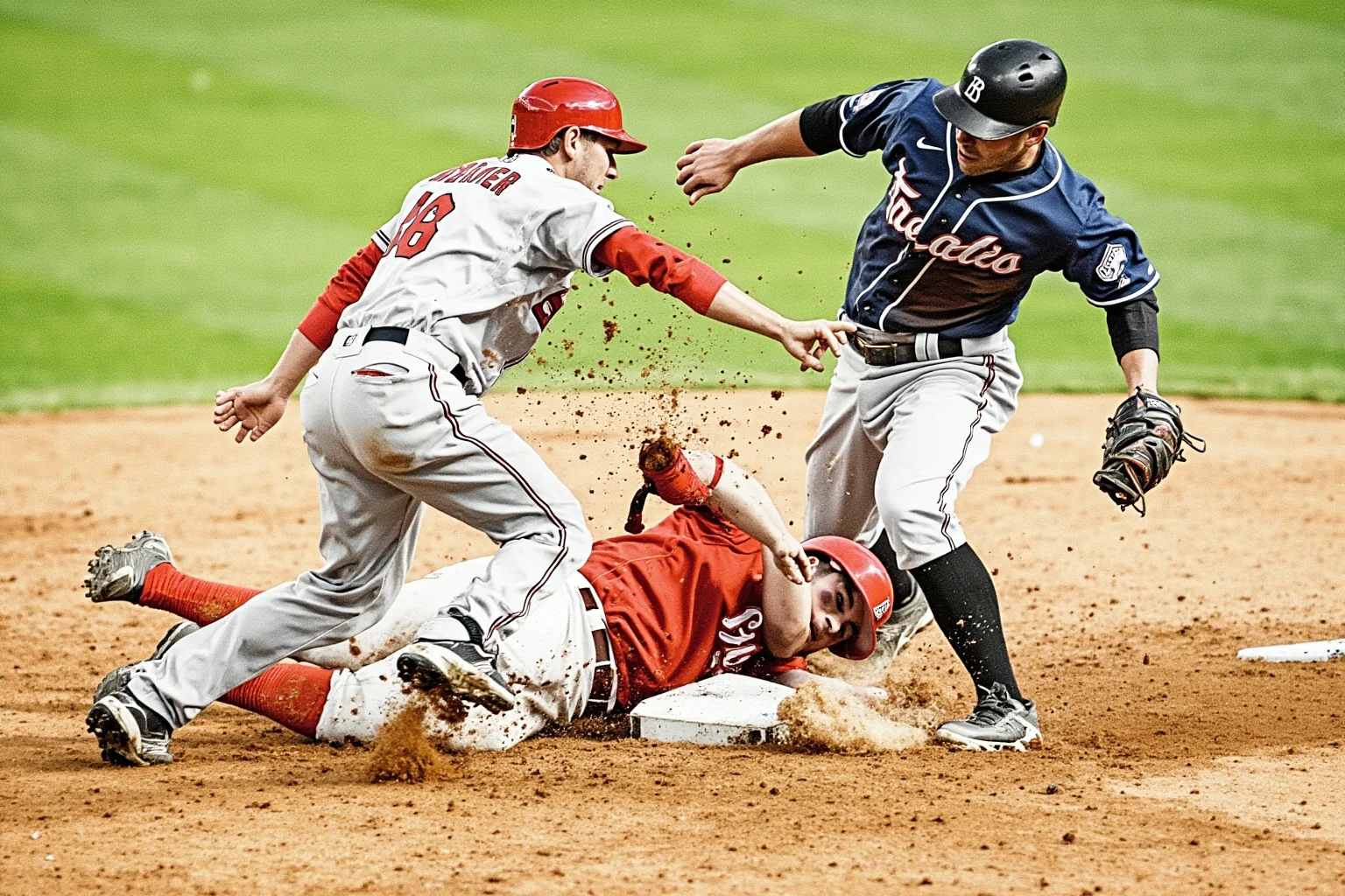 Biggest Brawls In Baseball History 18 A second baseman punching an opposing player near second base during a tense double-play collision, dramatic sports illustration