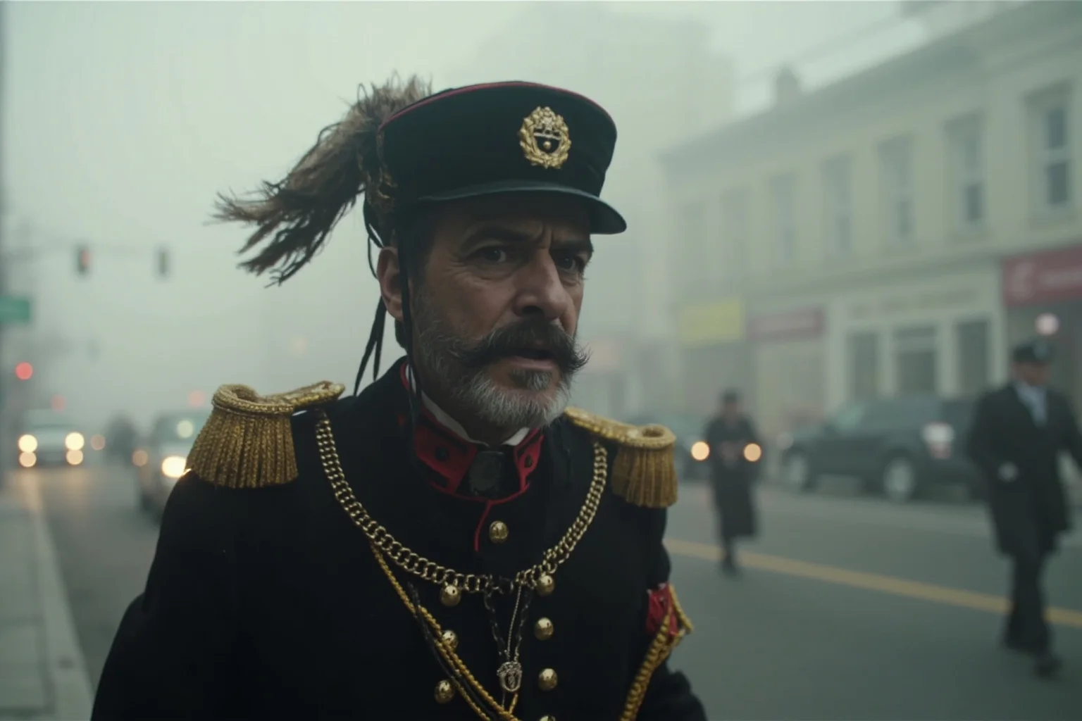 A self-proclaimed 19th-century 'emperor' in a worn military uniform with gold epaulettes walking through a foggy San Francisco street