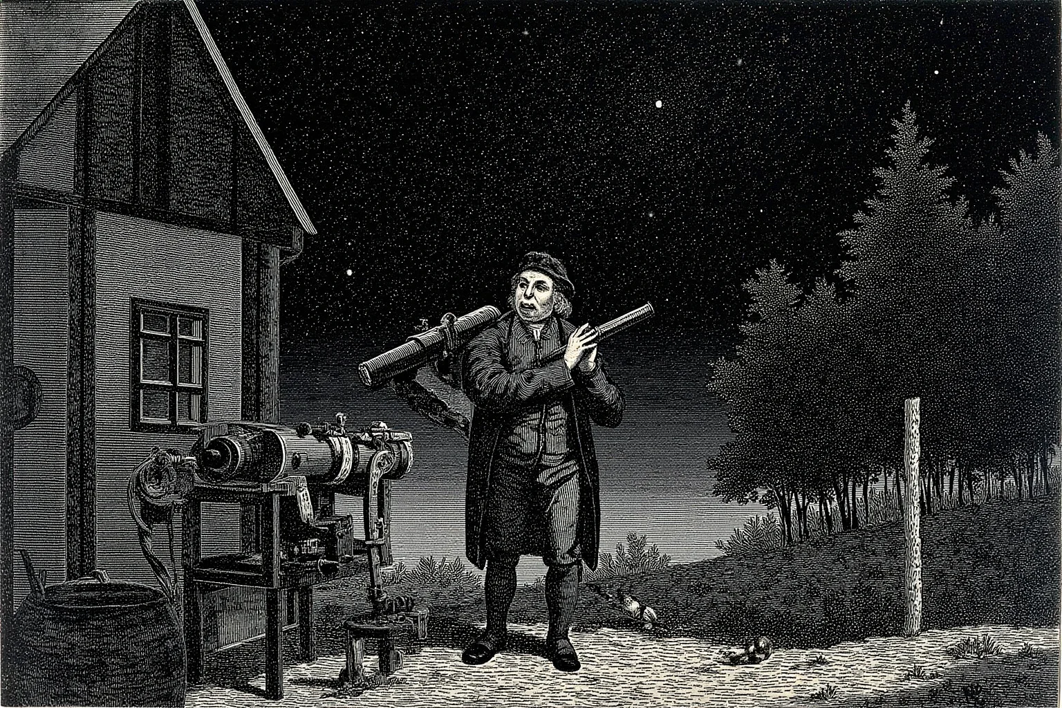 A self-taught 18th-century astronomer studying stars through a simple telescope in a rural farmhouse at night, historical illustration