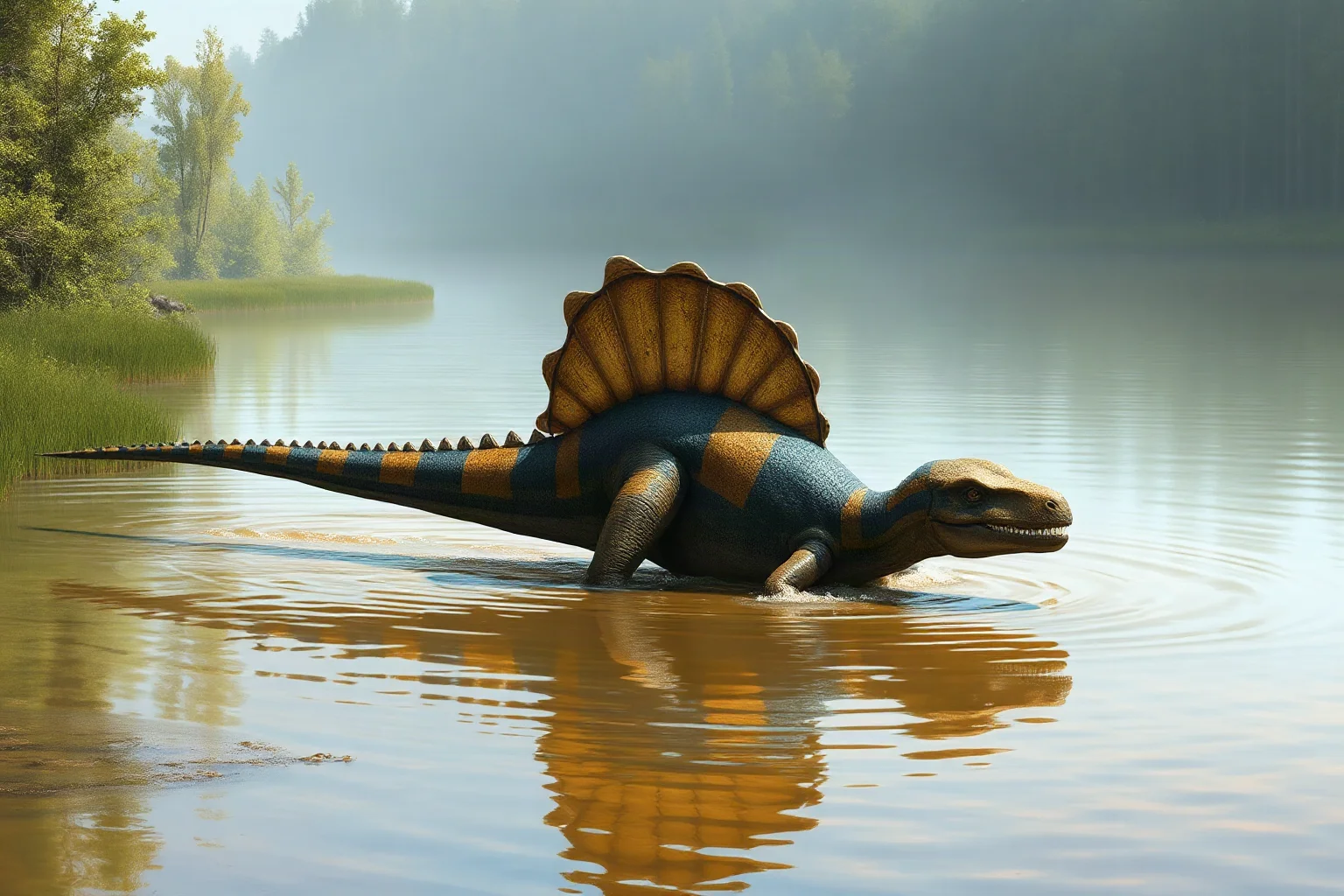 A semi-aquatic Spinosaurus wading through a river with its sail-like back visible, realistic paleoart style