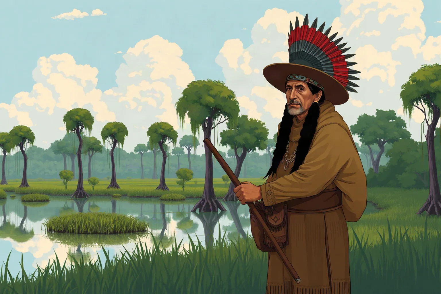 A Seminole leader standing among cypress trees and swampland in Florida, historical illustration style