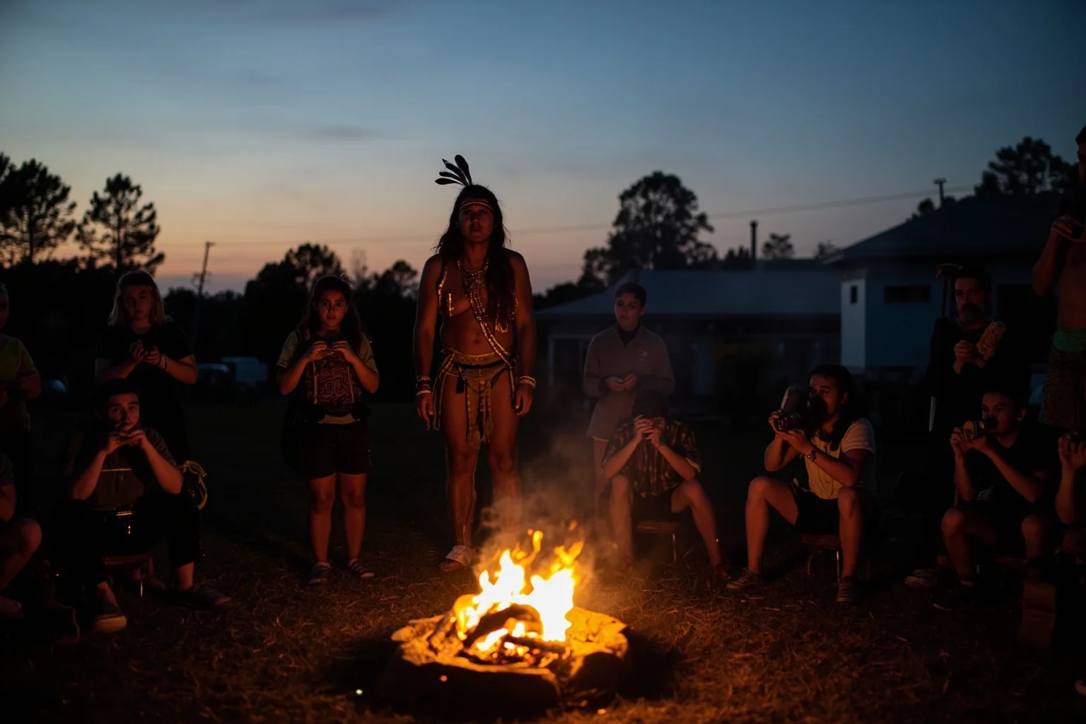 22 Inspiring Stories From Native American History 22 A Seneca spiritual leader speaking to a gathered community outdoors at dusk