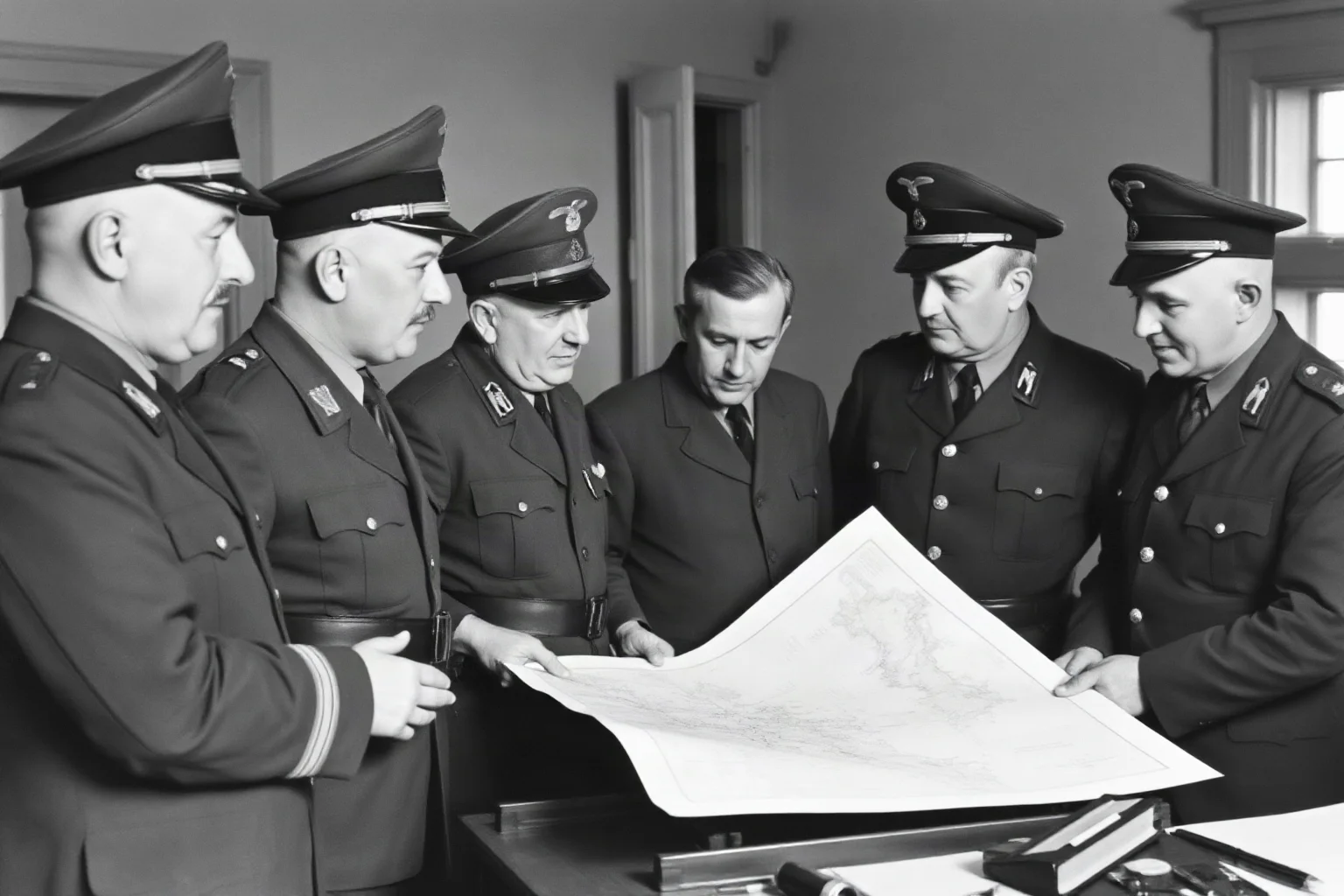 A senior WWII German field marshal reviewing coastal defense plans with officers