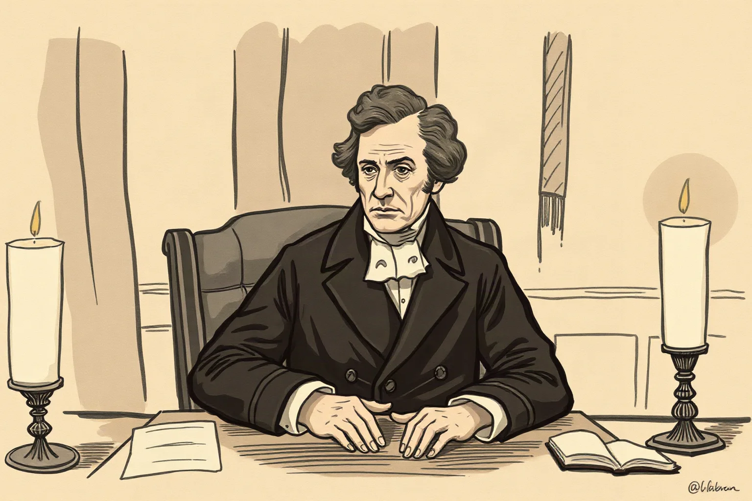 A sepia-toned illustration of a 19th-century American president in a long coat, sitting thoughtfully at a wooden desk by candlelight