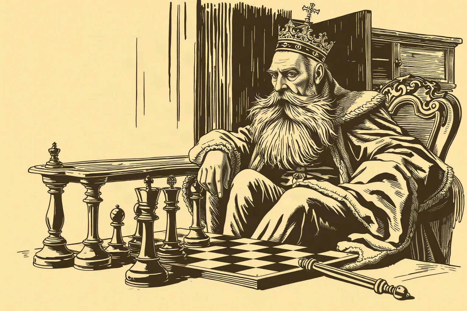 A sepia-toned illustration of an early 1900s chess master with a long reign, seated at an ornate wooden chessboard