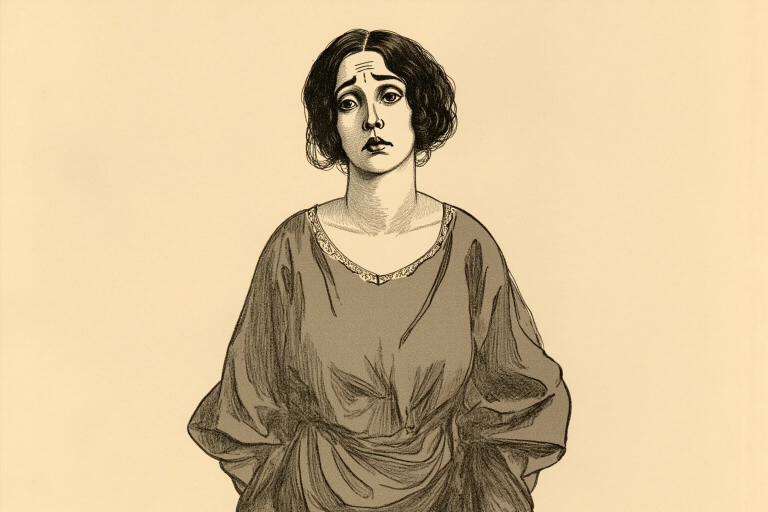 20 of the Most Mysterious People in History 11 A sepia-toned portrait-style illustration of a woman in early 20th-century dress with an enigmatic, uncertain expression