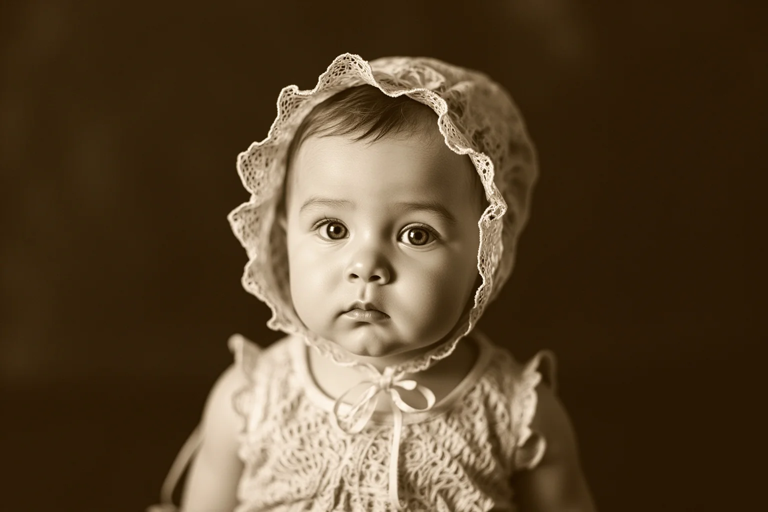 A sepia-toned studio portrait of a solemn Victorian-era baby girl in a lace bonnet