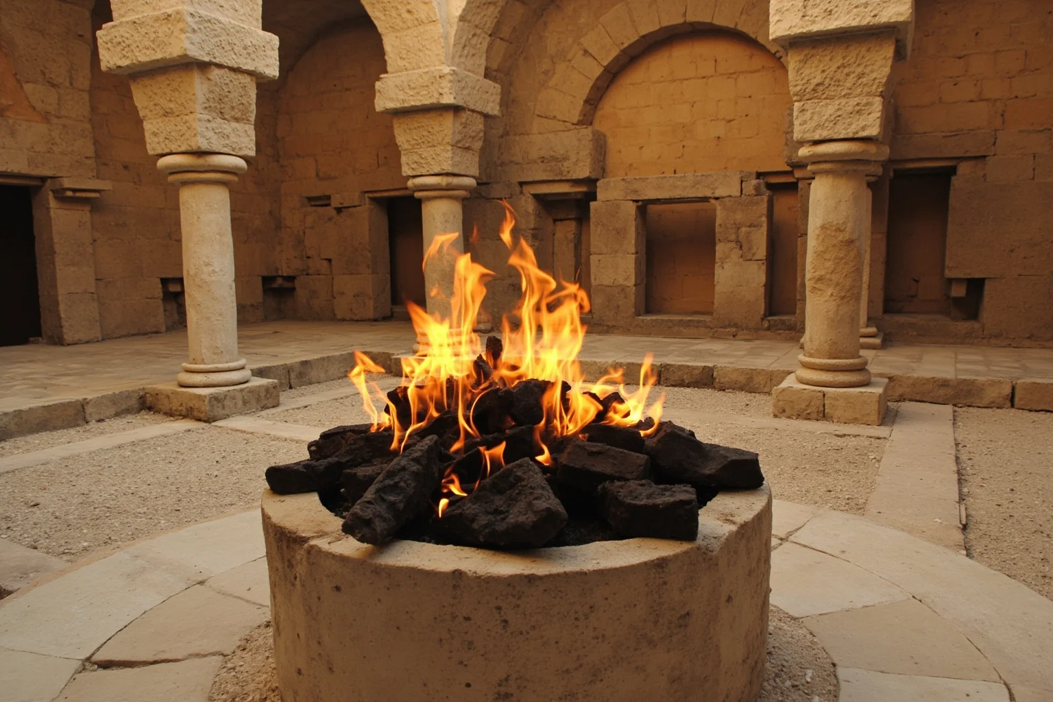 25 Captivating Facts About the Persian Empire 12 A serene ancient fire altar with flames, symbolizing Zoroastrian worship, in a stone courtyard