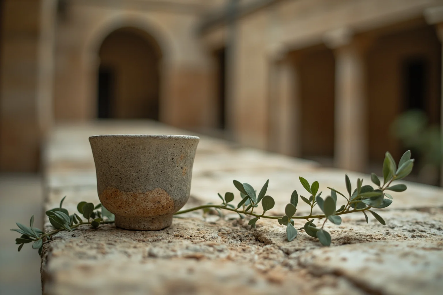 A serene ancient Greek courtyard with a stone cup and olive branches, symbolizing philosophical calm before death