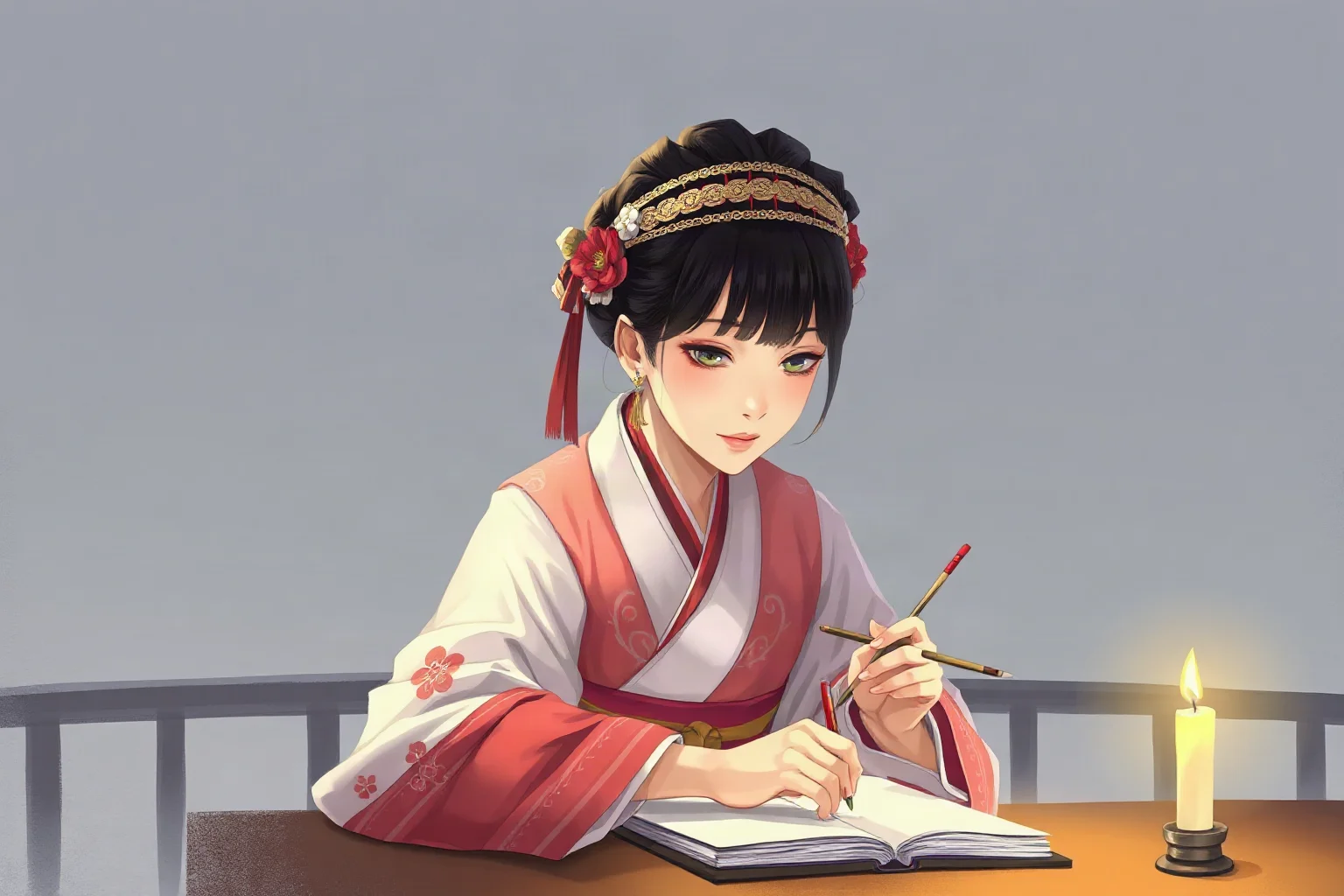 A serene portrait-style illustration of a fictional Japanese court noblewoman writing with a brush by candlelight, traditional Heian period clothing, painterly style