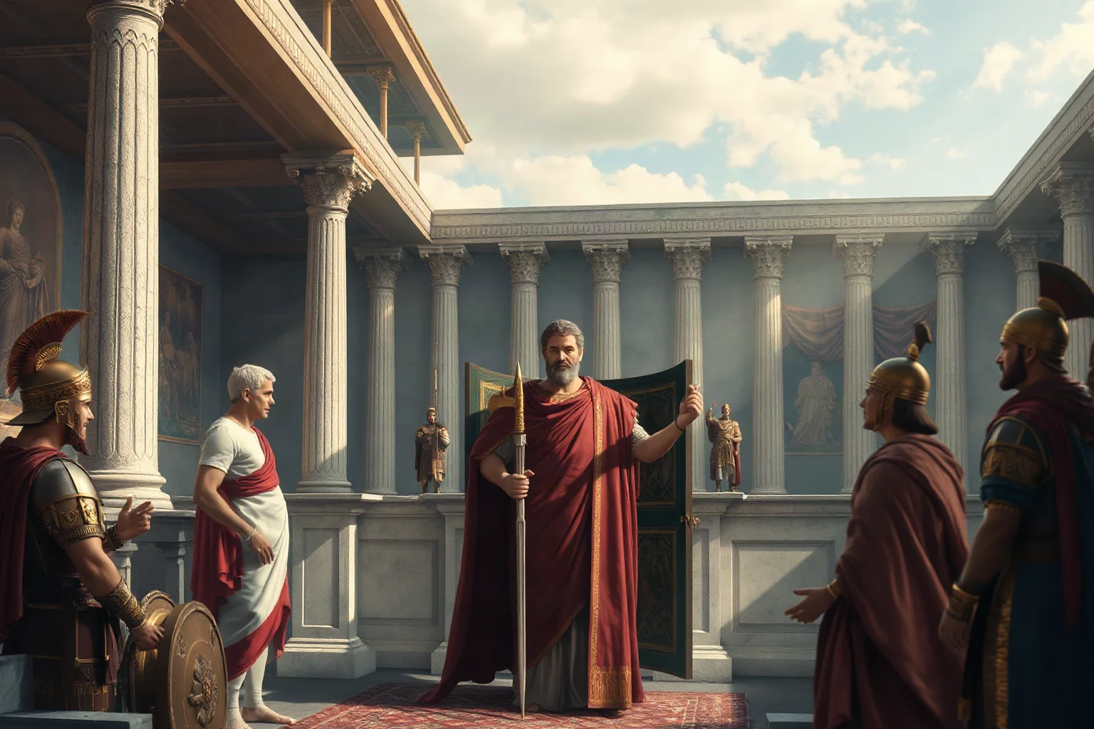 A serene Roman emperor in formal dress presiding over a peaceful imperial court, surrounded by architectural elements and prosperity symbols, with minimal military presence