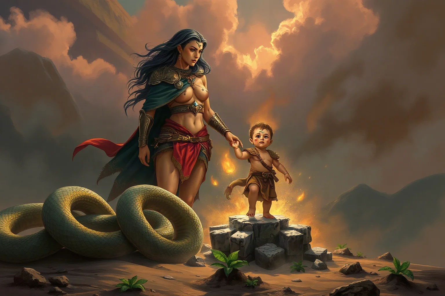 A serpent-tailed infant emerging from tilled earth watched over by an armored goddess, mythological illustration style