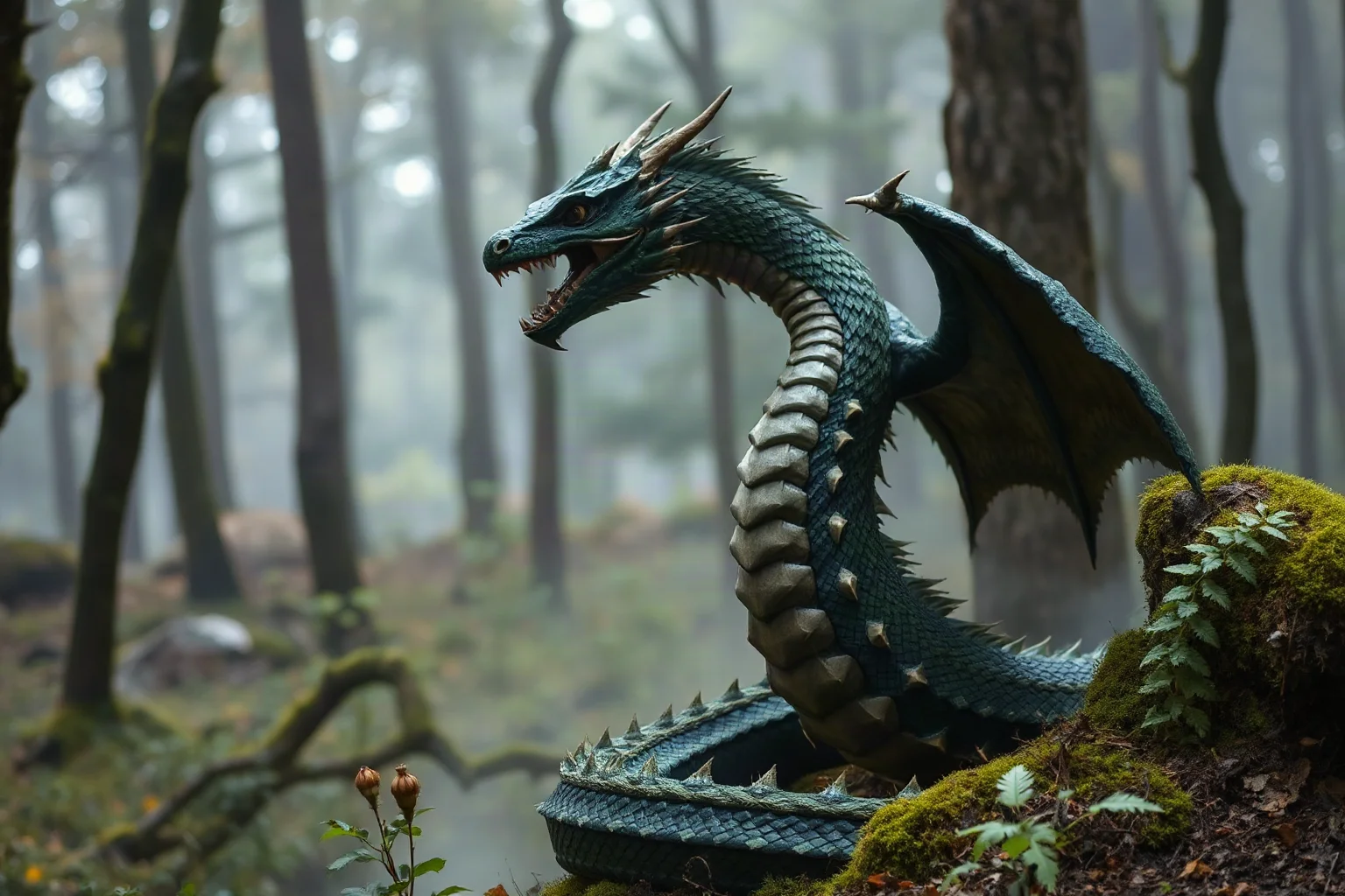 A serpentine dragon covered in shaggy green quills rearing up in a misty French forest clearing