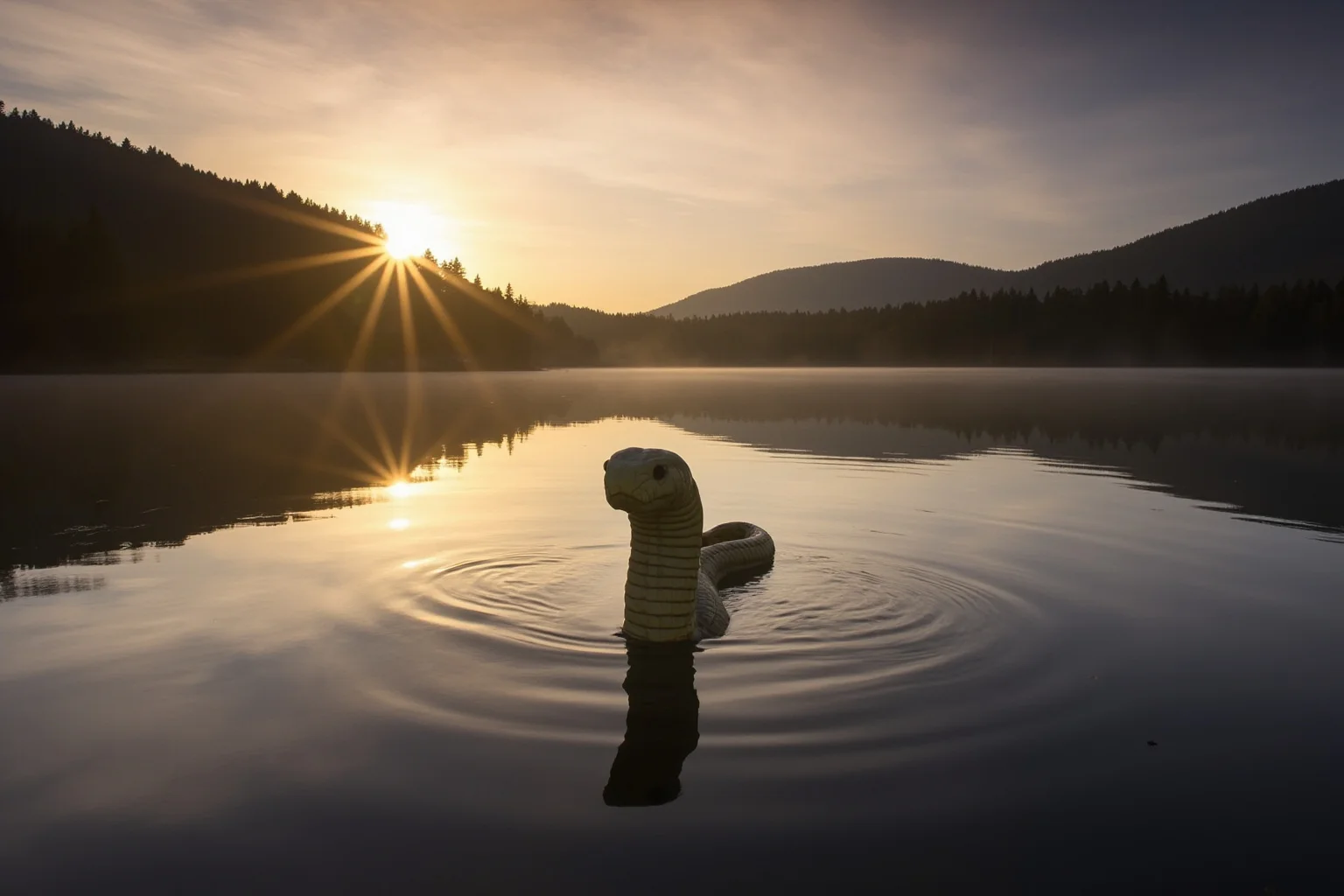 Famous Cryptids: 10 You Know and 16 Wild Ones You Probably Don't 11 A serpentine lake creature surfacing gently in a calm northeastern lake at sunset