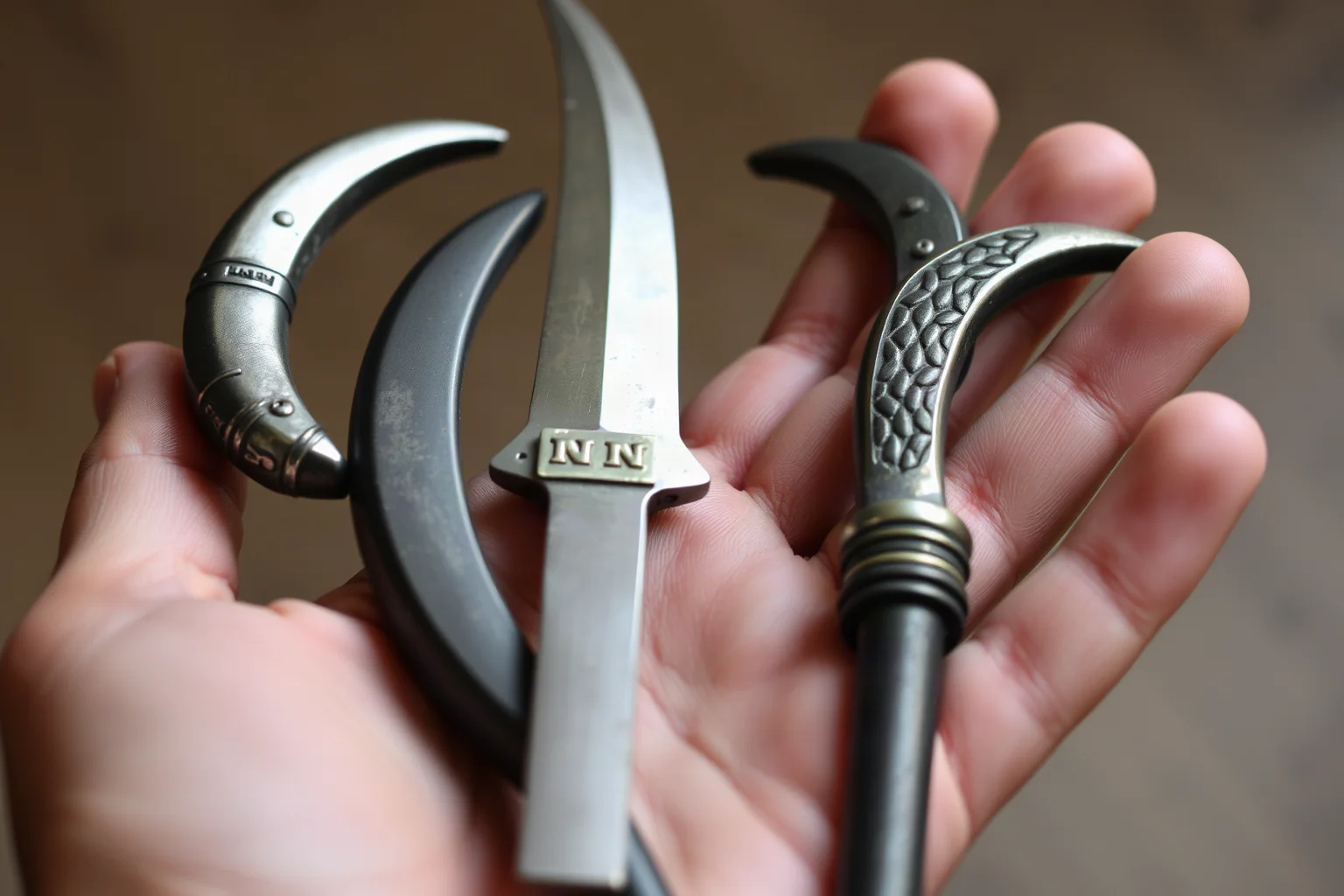 A set of curved metal tiger-claw weapons (bagh nakh) resting in an open palm, historical illustration