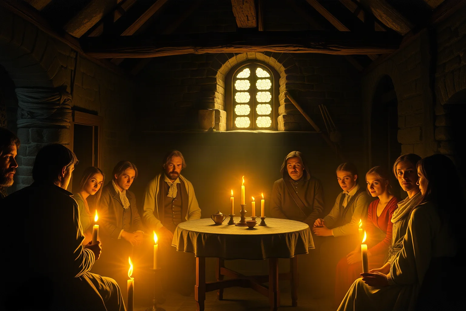 A shadowy 18th-century Irish rebel society meeting by candlelight in a stone farmhouse, artistic depiction