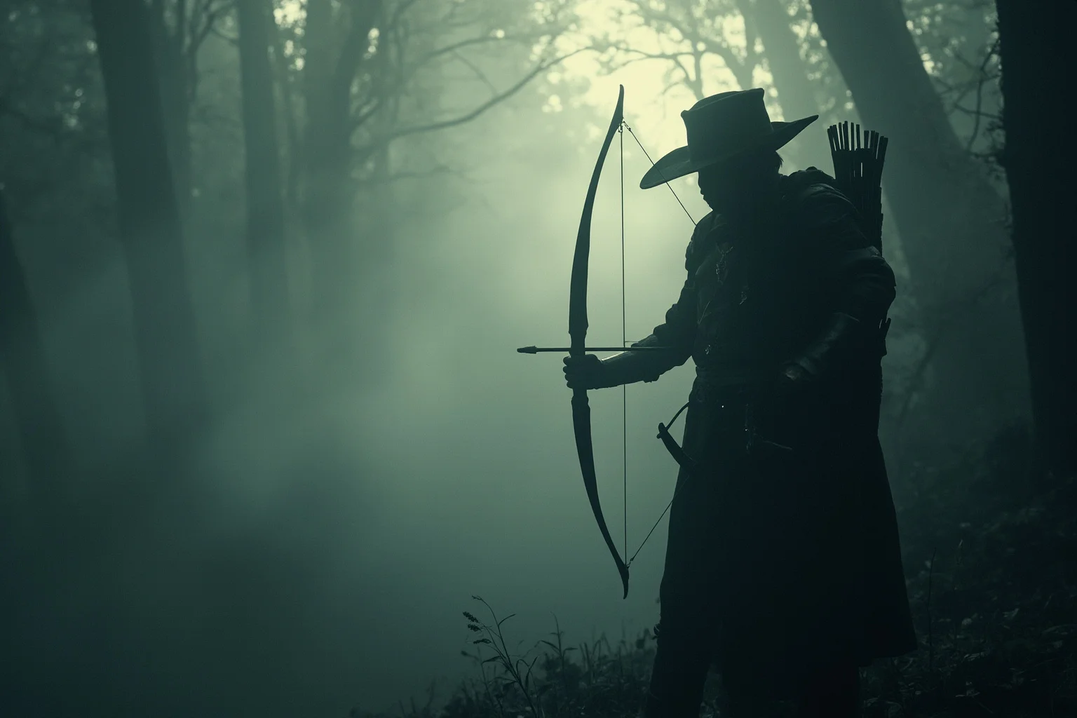 A shadowy archer figure standing at the edge of a misty medieval forest, evoking Robin Hood folklore