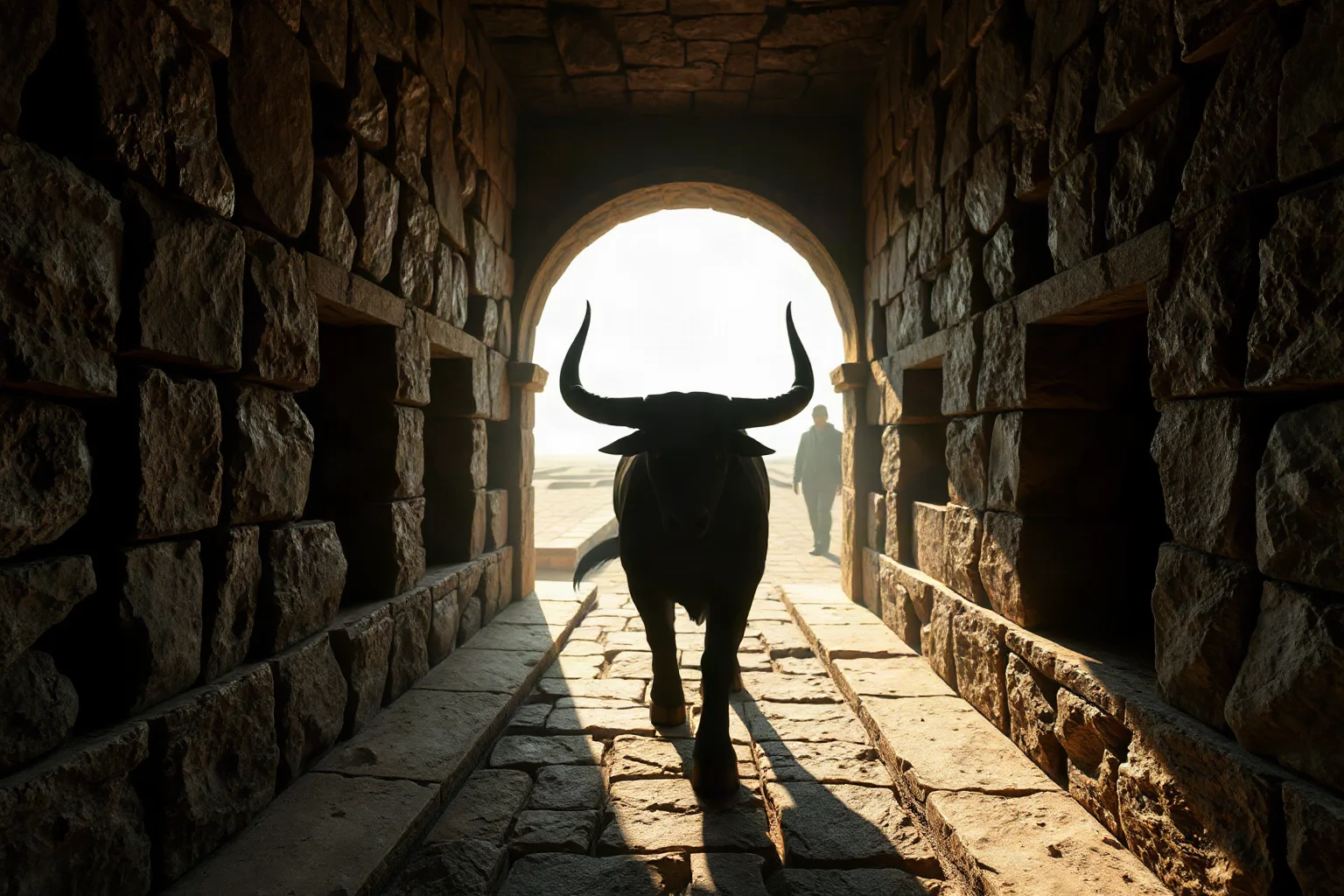 A shadowy bull-headed minotaur inside a stone labyrinth corridor