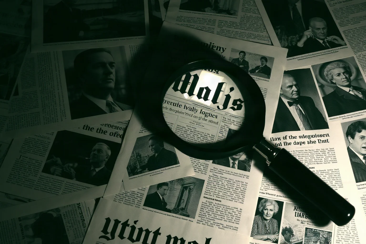A shadowy conspiracy-theory-style collage of newspaper clippings and magnifying glass, symbolic rather than literal