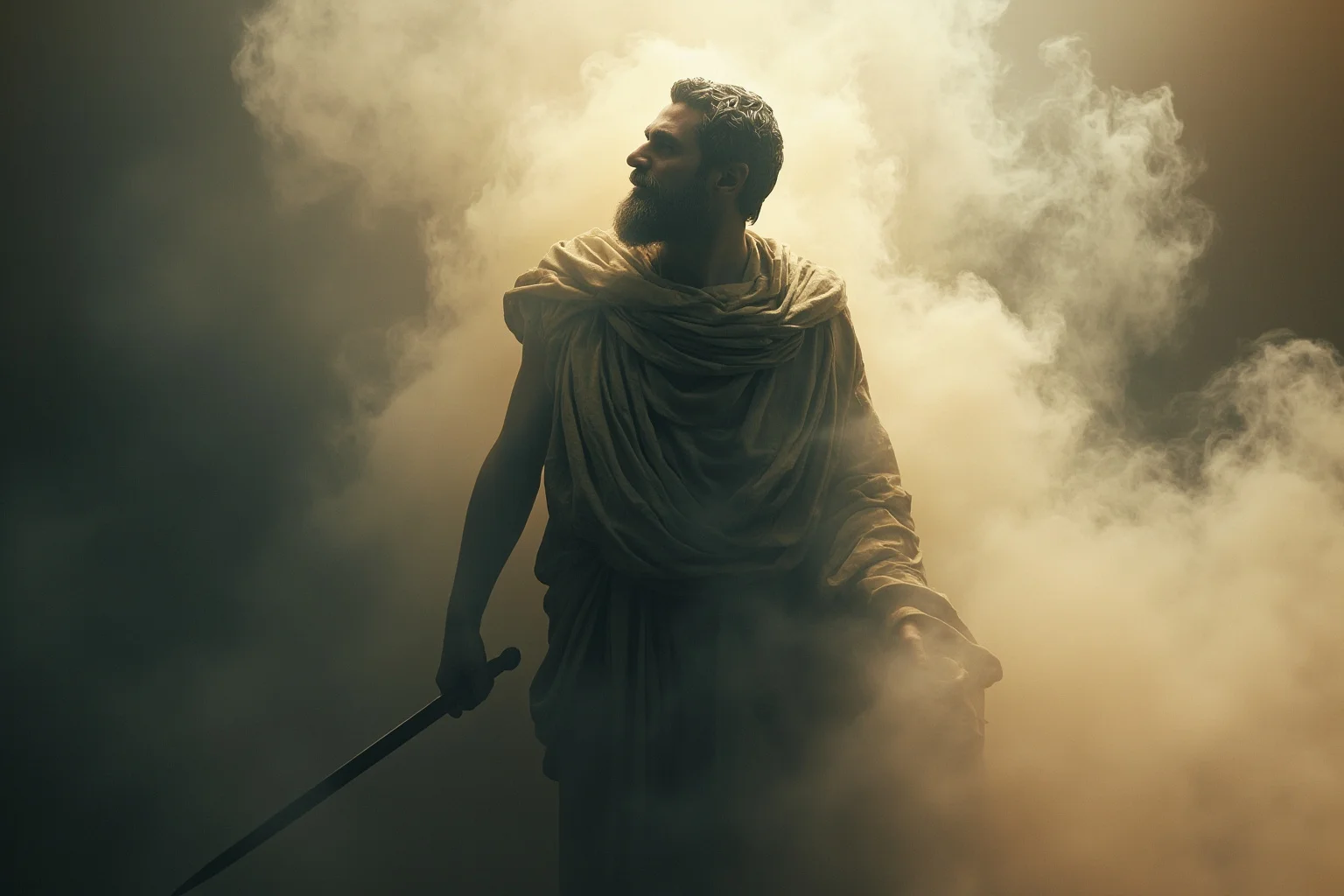 A shadowy, ethereal figure of an ancient Greek poet fading into mist, representing historical uncertainty