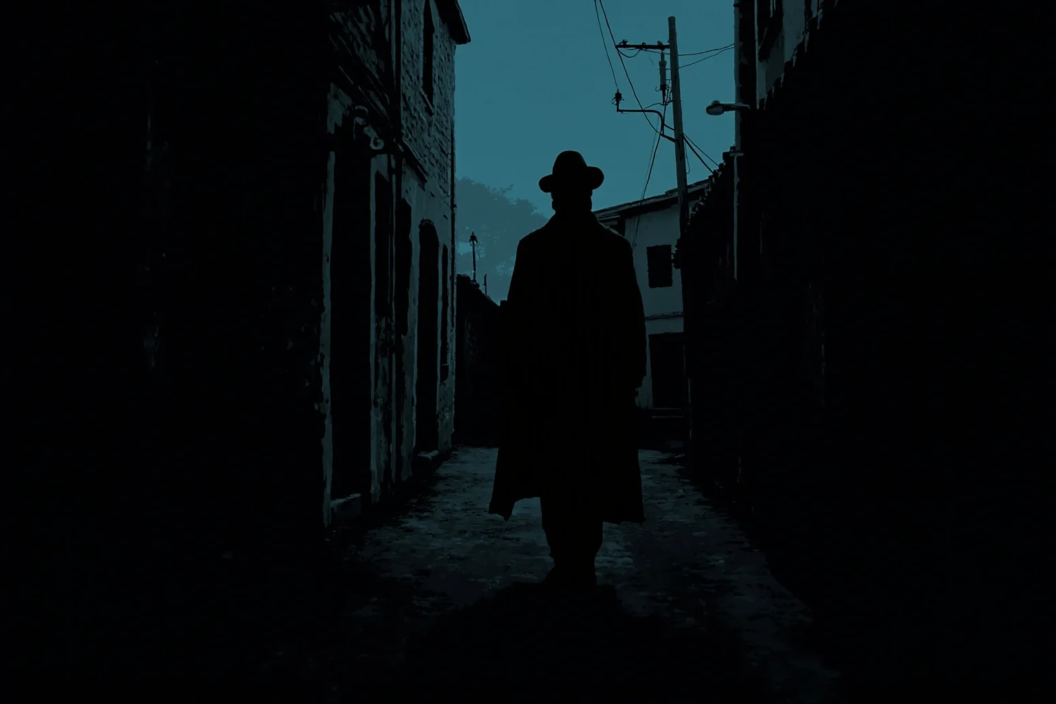 False Flag Operations That Quietly Changed World History 15 A shadowy European alley at dusk with a lone figure in a long coat, Cold War-era illustration style