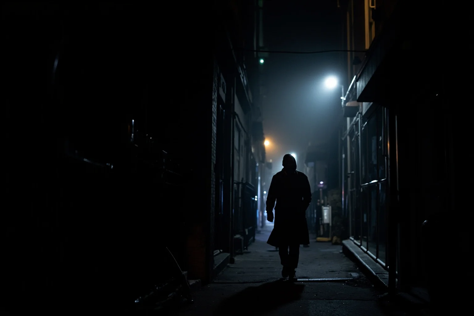 A shadowy figure in a trench coat walking through a foggy Boston alley at night