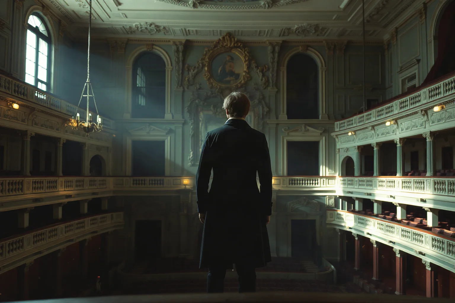 A shadowy figure in grey 18th-century riding clothes standing in the upper balcony of an ornate empty old theater