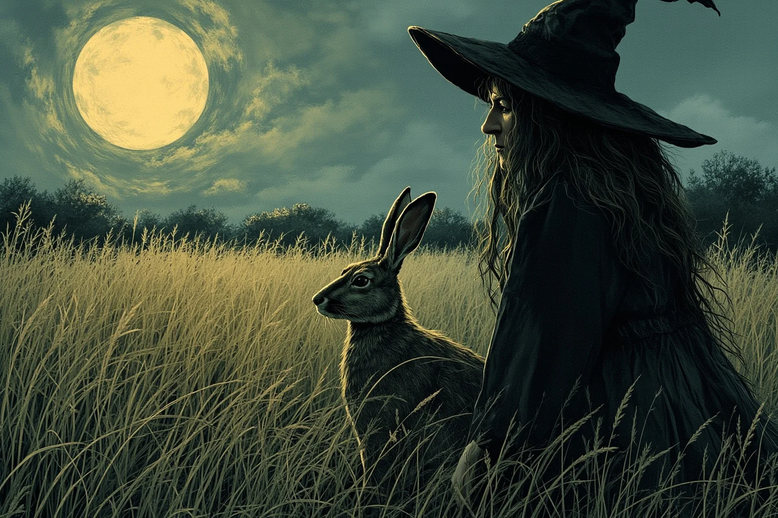 A shadowy figure of an English countryside witch beside a hare in a moonlit field, folk illustration style