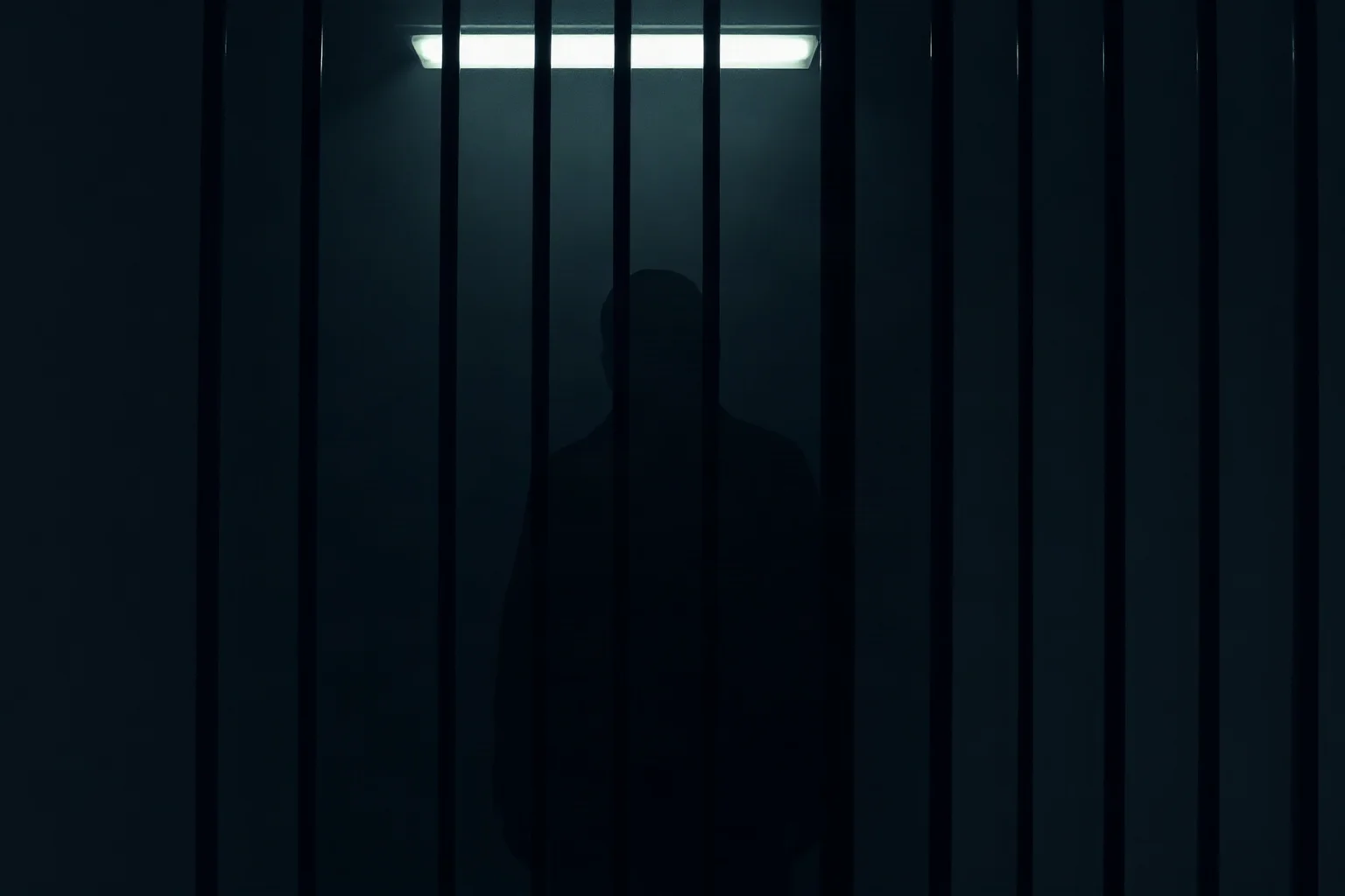 A shadowy figure standing behind glass in a dim prison-interview room, cinematic thriller illustration style, no visible face