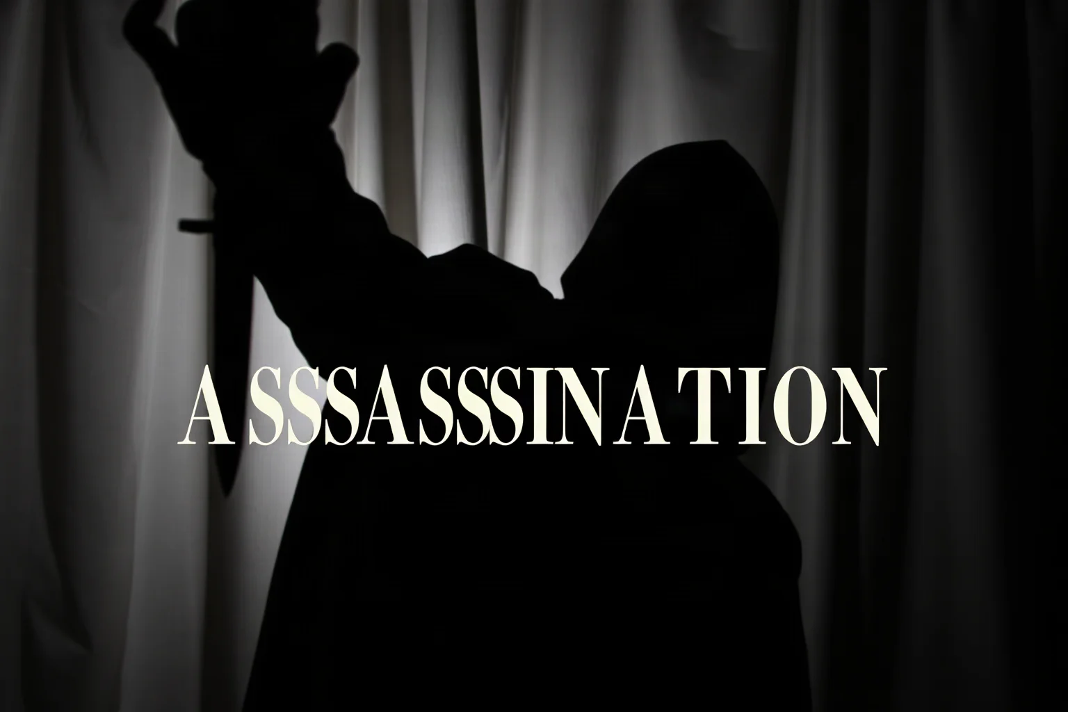 A shadowy figure's silhouette behind a castle curtain holding a dagger, representing the word 'Assassination' from Macbeth