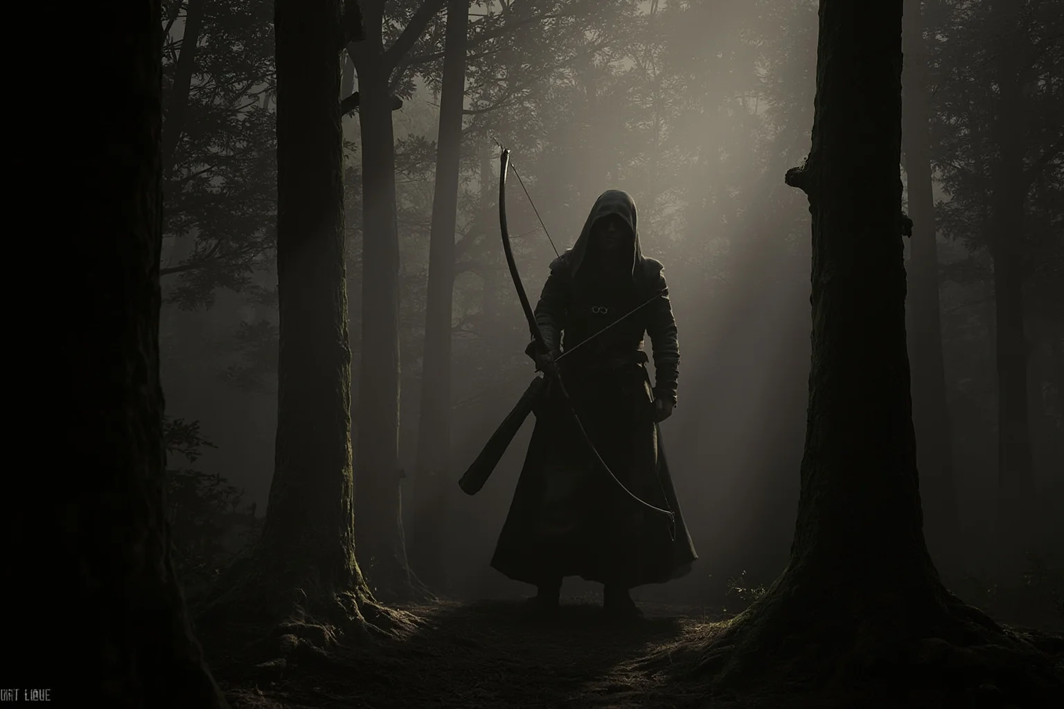 Myths That Defined Cultures: 20 Legends Born From True Events 5 A shadowy forest archer in medieval clothing standing among tall oak trees with a longbow
