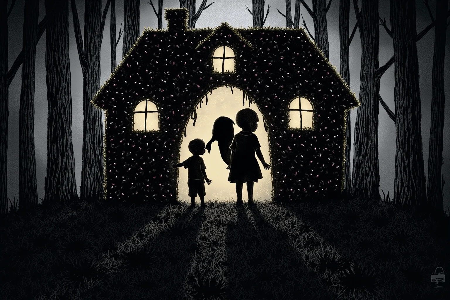 Grim Childhoods Indeed: The 20 Darkest Brothers Grimm Fairy Tales 5 A shadowy forest illustration of two small children standing before a candy-covered cottage with a witch's silhouette in the doorway