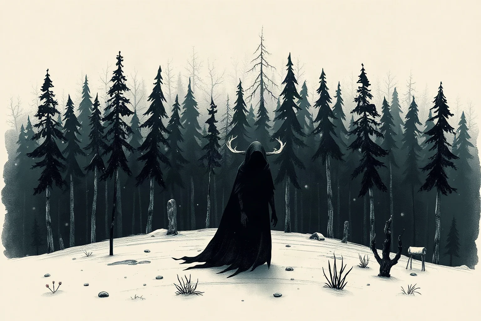 A shadowy, gaunt spirit figure lurking at the edge of a dark snowy forest, eerie folklore illustration style