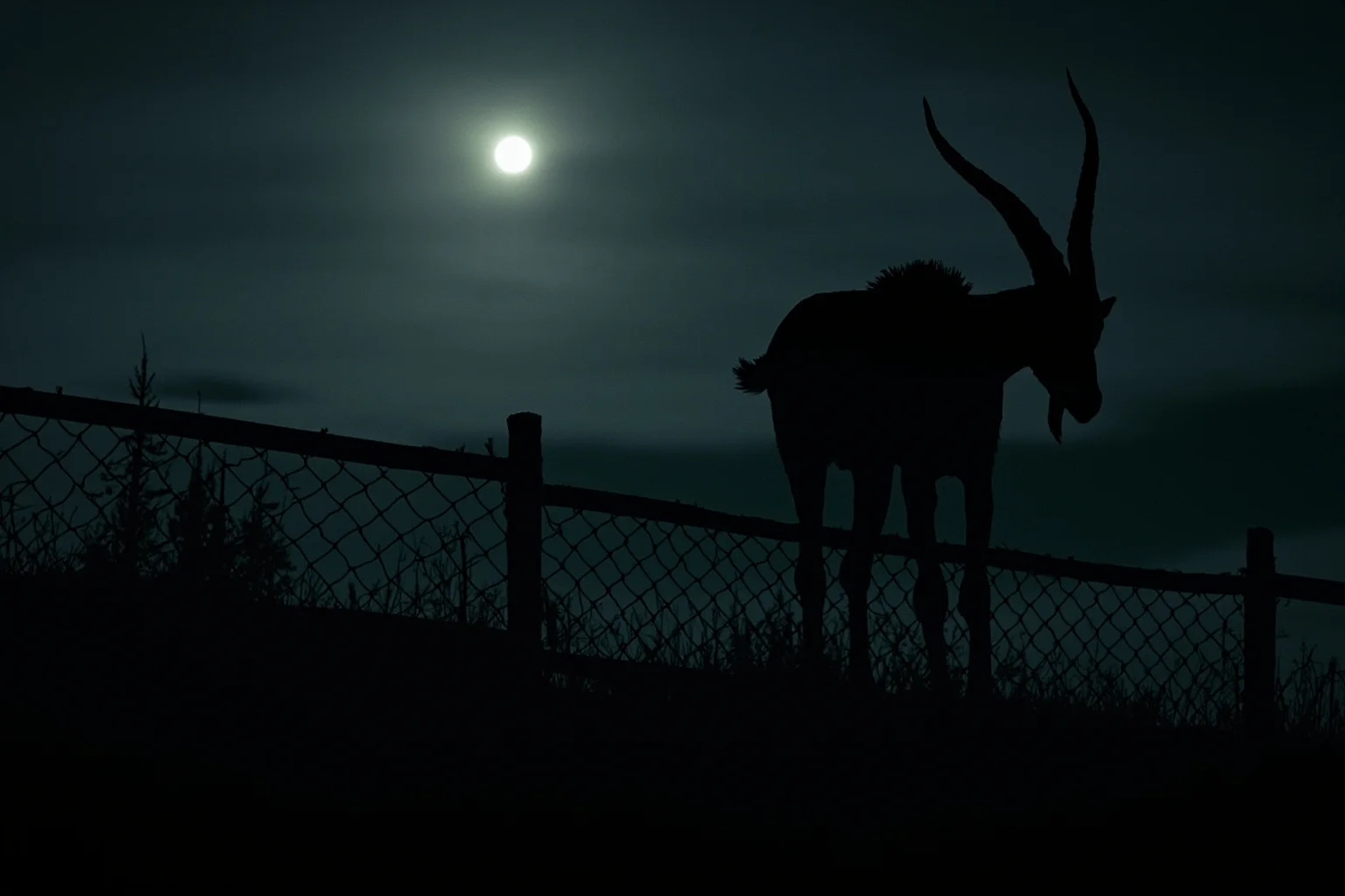 A shadowy goat-like chupacabra creature lurking near a moonlit rural farm fence