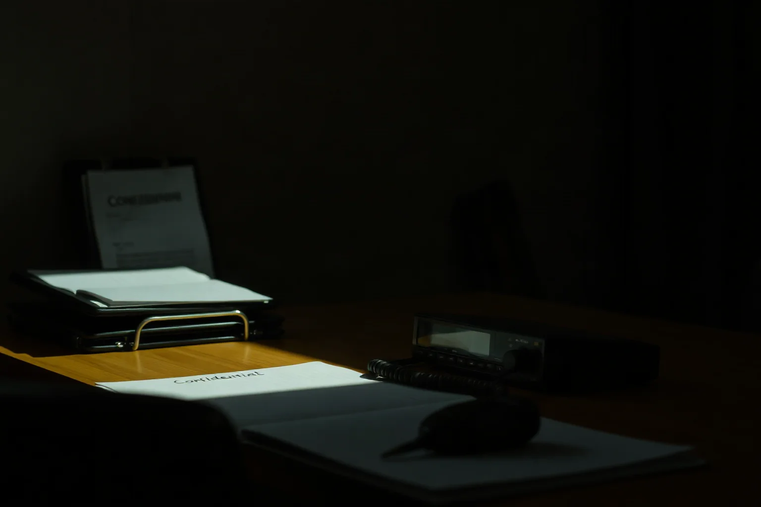 A shadowy government office desk with a radio and a folder marked confidential, no visible faces