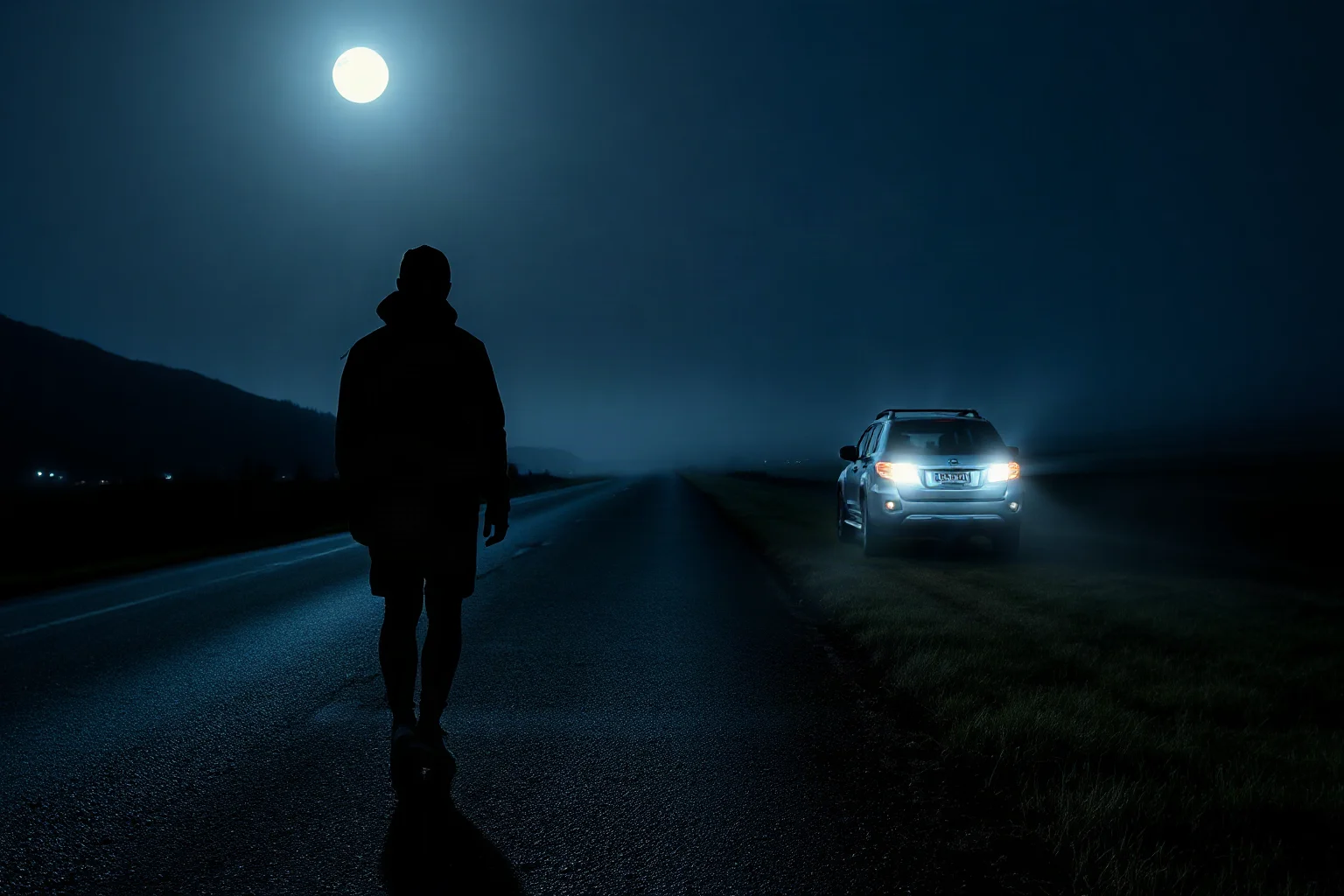 A shadowy hitchhiking figure standing at the edge of a deserted moonlit country road, car headlights illuminating mist