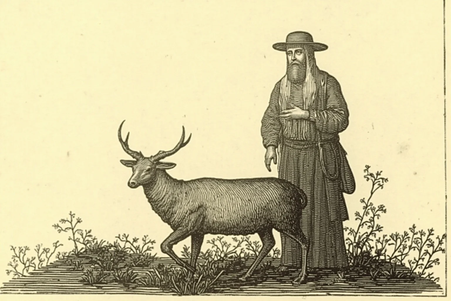 Familiars: The Long, Strange History of the Witch's Animal Companion 20 A shadowy horned figure faintly visible behind a small animal silhouette, symbolic historical illustration
