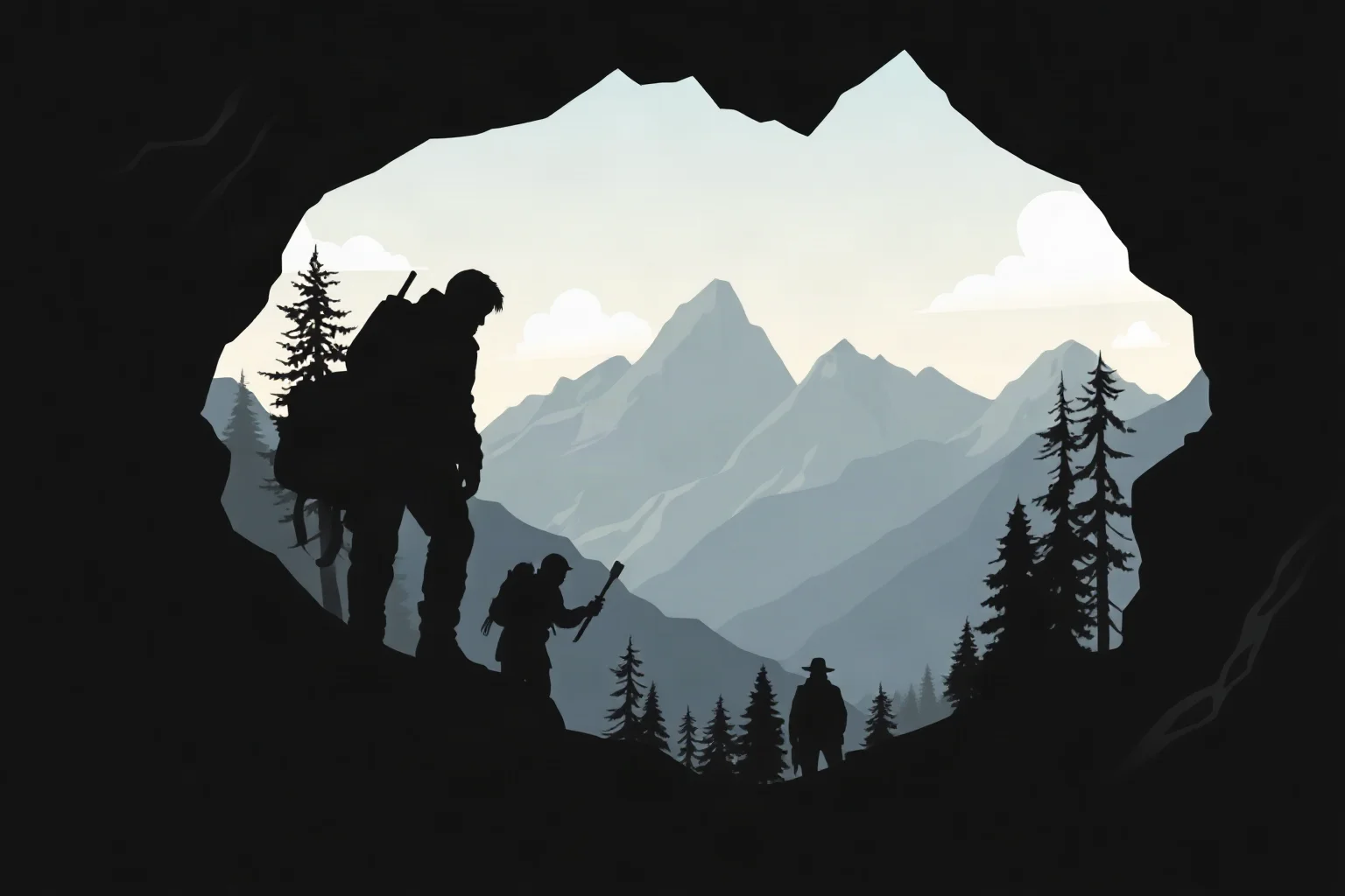 A shadowy illustrated mountain cave hideout silhouette with distant mountains, evoking a hunted fugitive