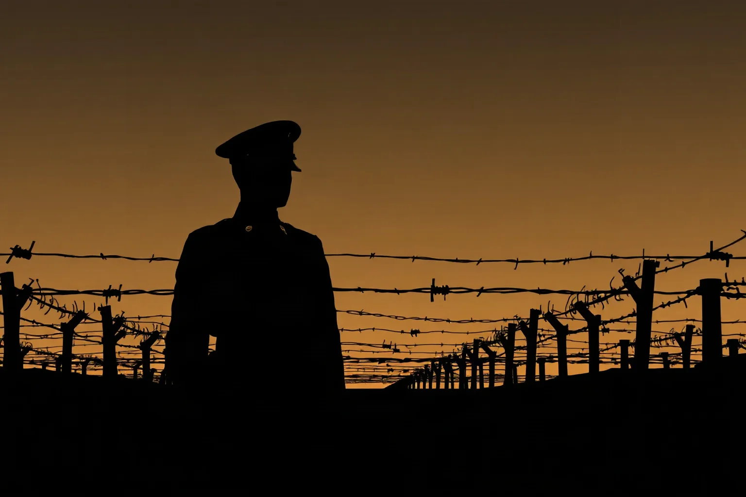 A shadowy illustrated portrait silhouette of a Nazi-era officer in uniform standing before rows of barbed-wire fencing