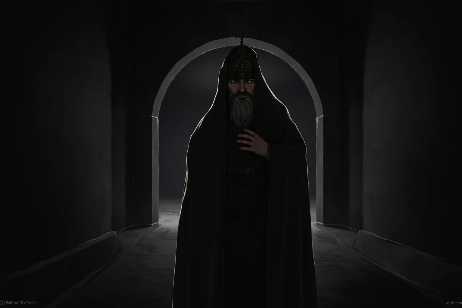 20 of the Most Mysterious People in History 21 A shadowy illustration of a bearded mystic figure in Russian Orthodox-era robes standing in a dark palace corridor
