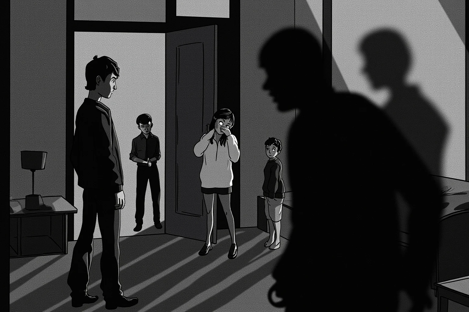 A shadowy illustration of a man with an ever-shifting, blurred face standing among a worried family in a 1990s living room