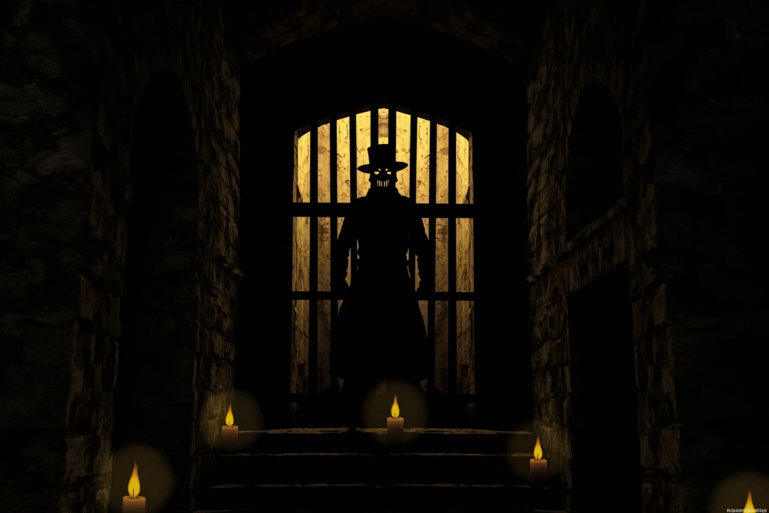 20 of the Most Mysterious People in History 3 A shadowy illustration of a masked prisoner's silhouette behind iron bars in a candlelit stone fortress, 17th-century French style
