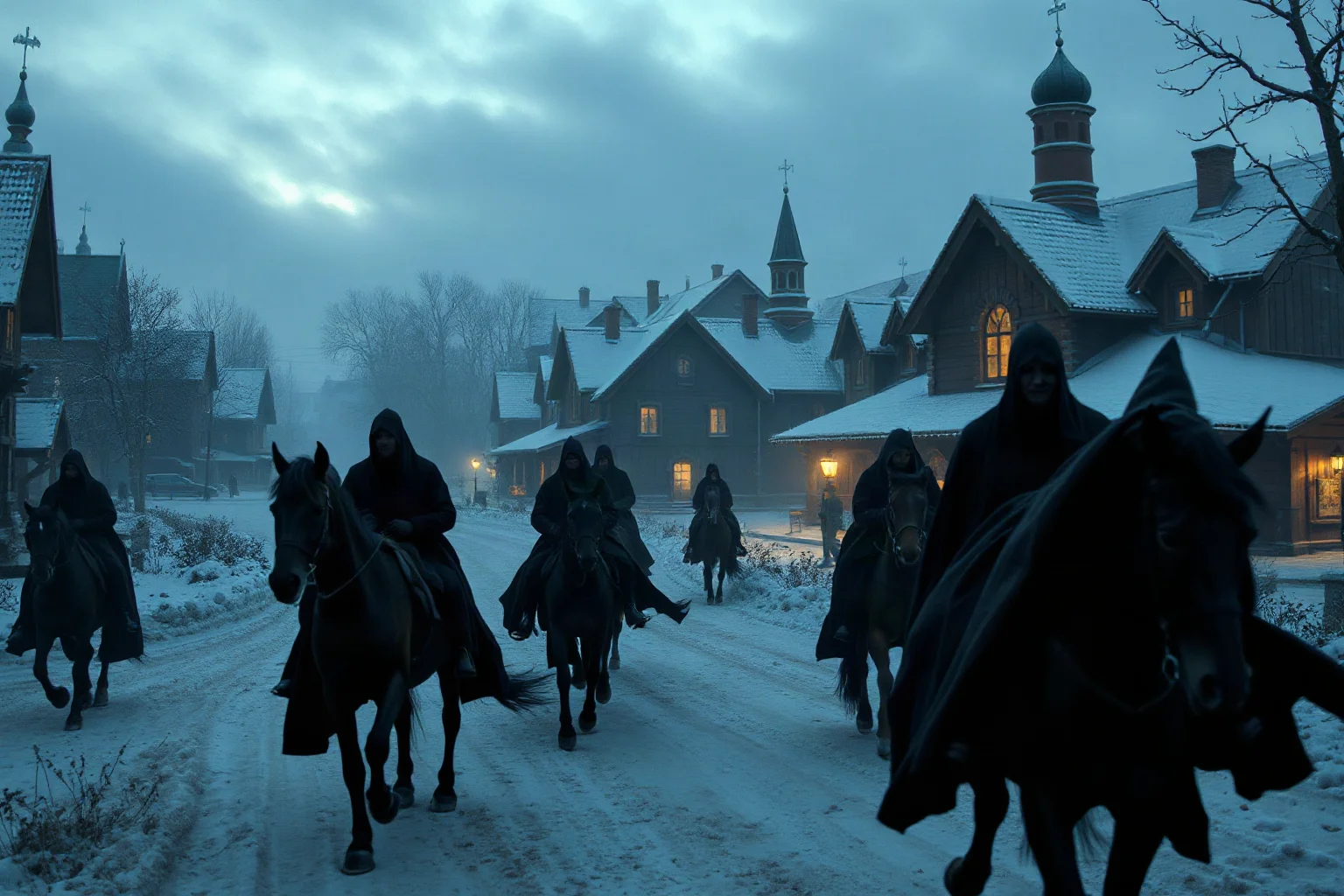 A shadowy illustration of black-cloaked riders on black horses riding through a snowy Russian village at dusk